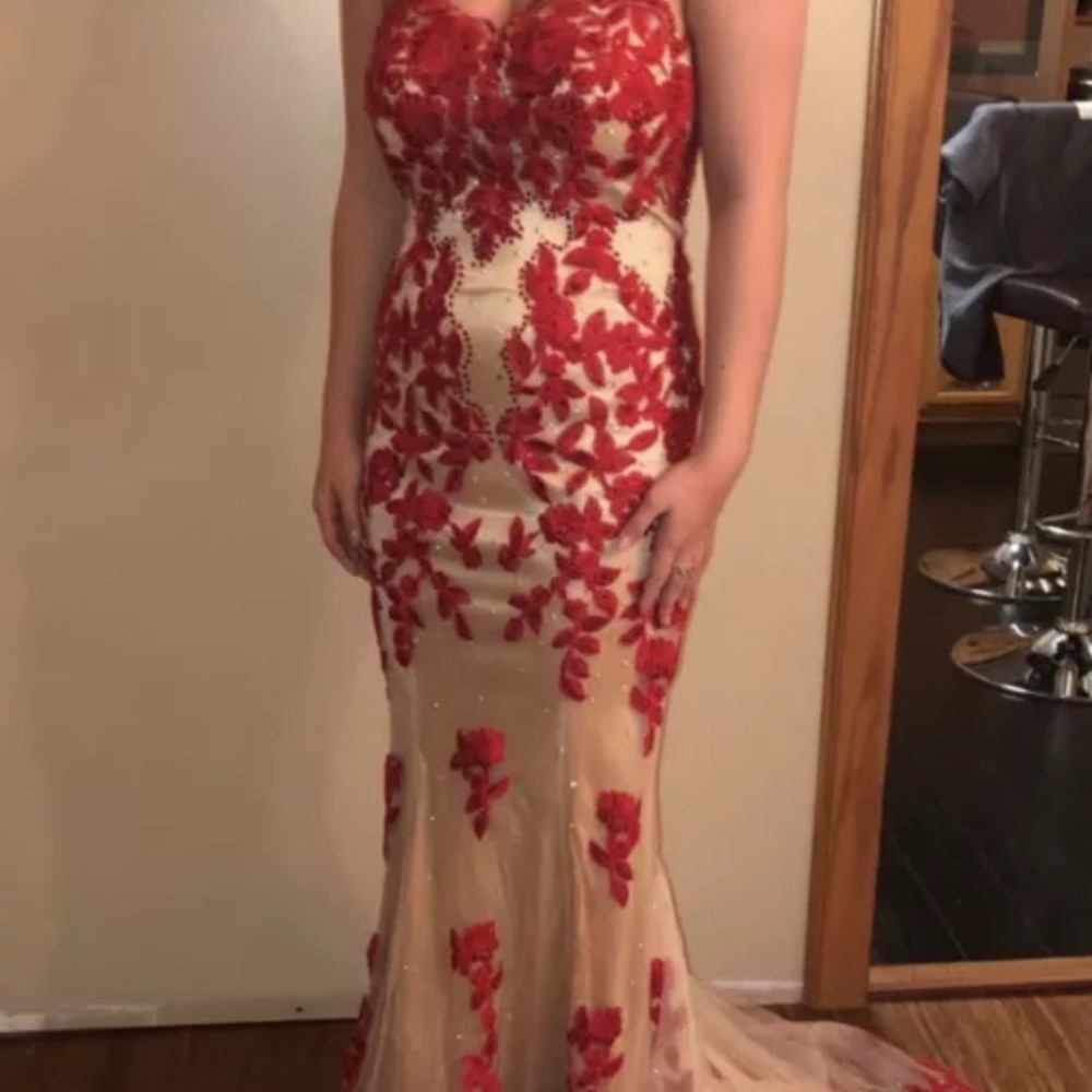 Fiesta Fashion Red Lace Overlay Nude Prom Dress